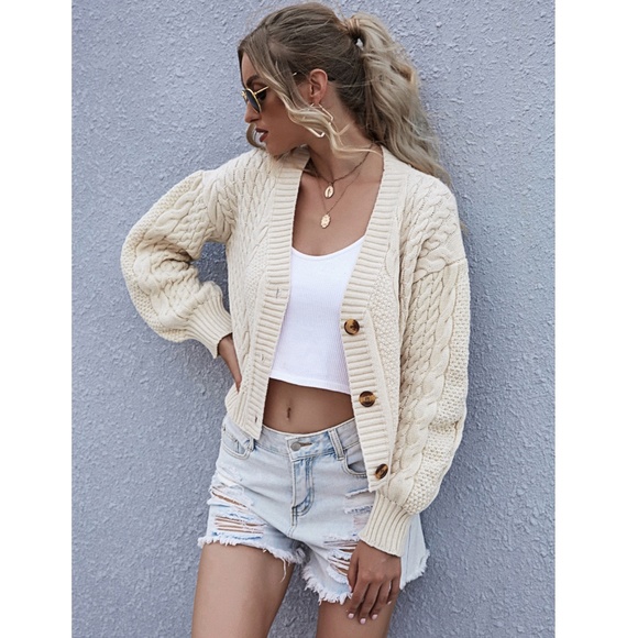 Cable Knit Drop Shoulder Button Front Cardigan - Picture 3 of 7